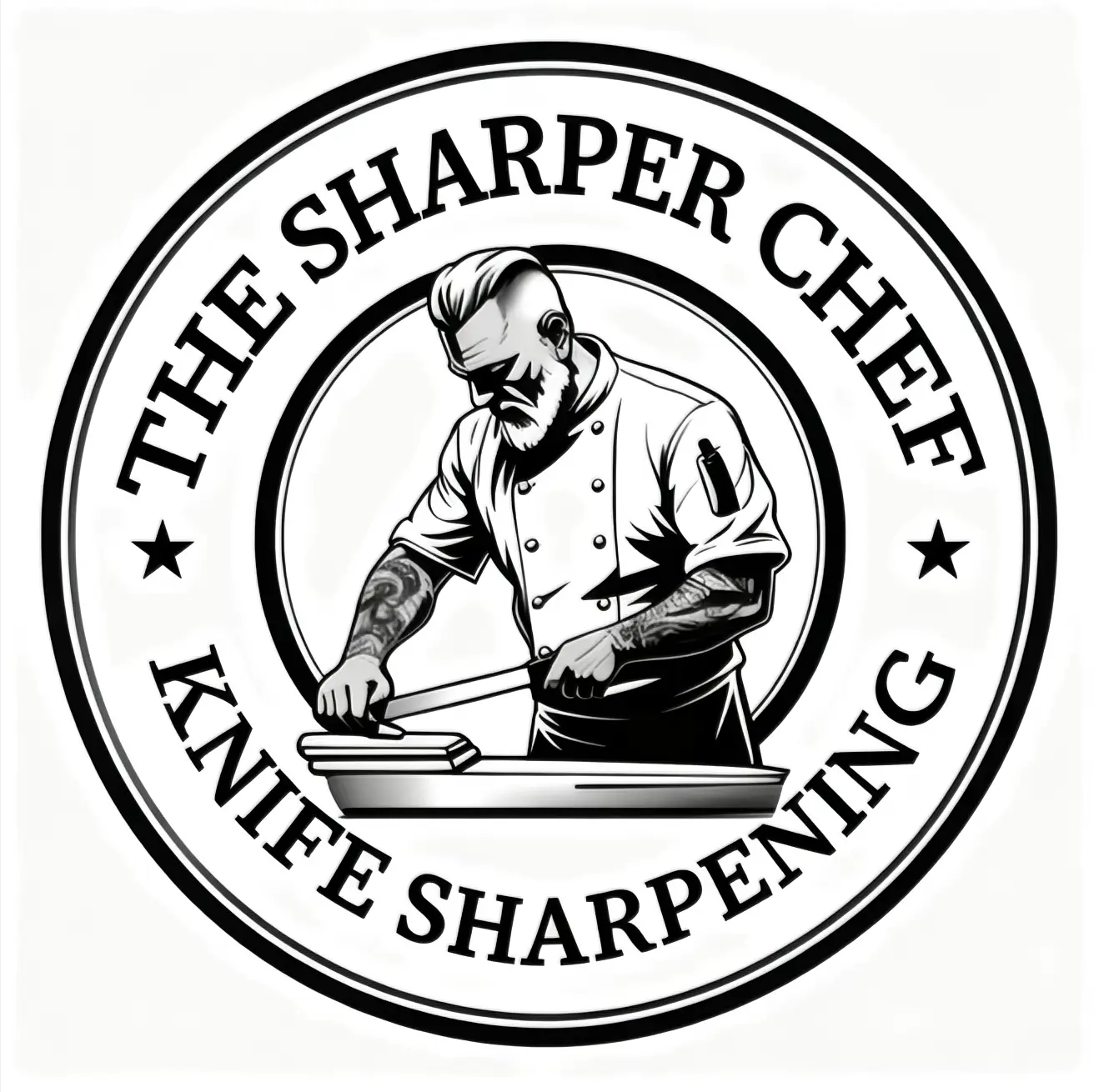Example of laser-engraved line art — the shop's own badge, engraved in a single pass